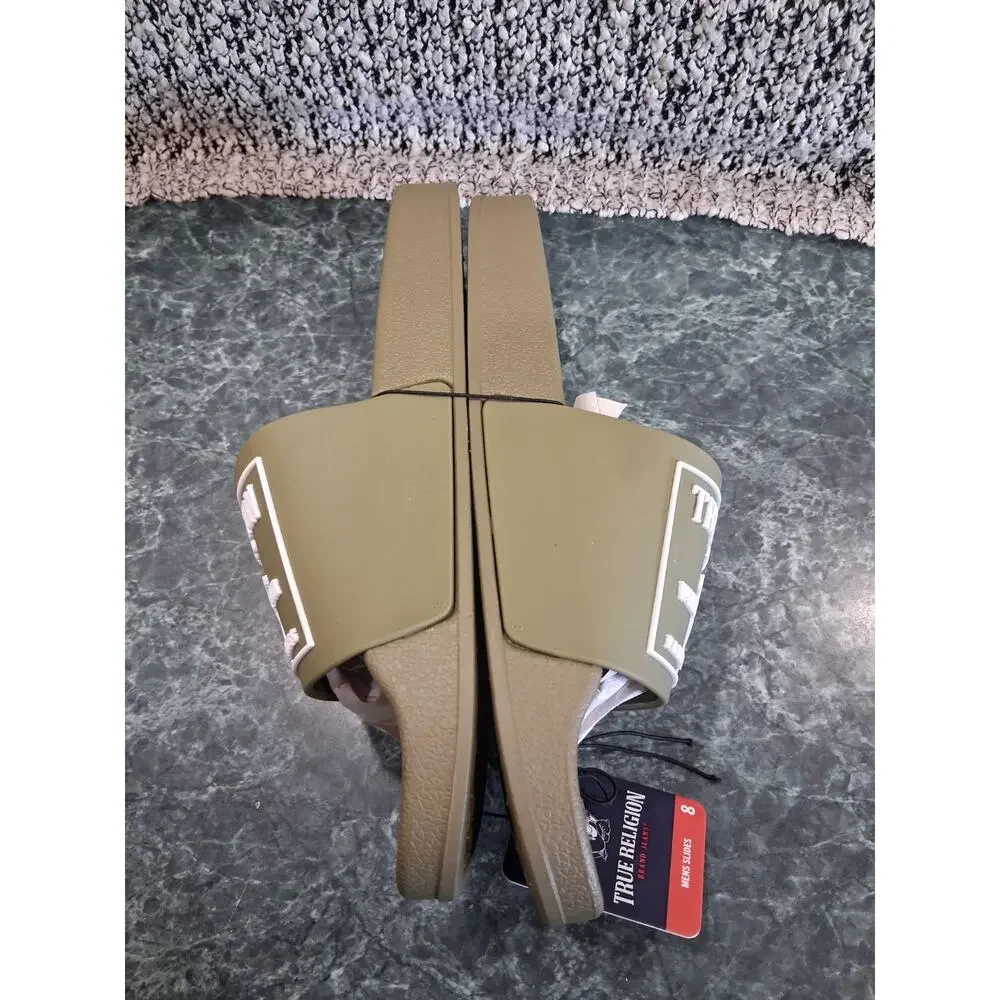 True Religion Olive Green And White Kendrick Slides Men's size 8 Slip On NEW!